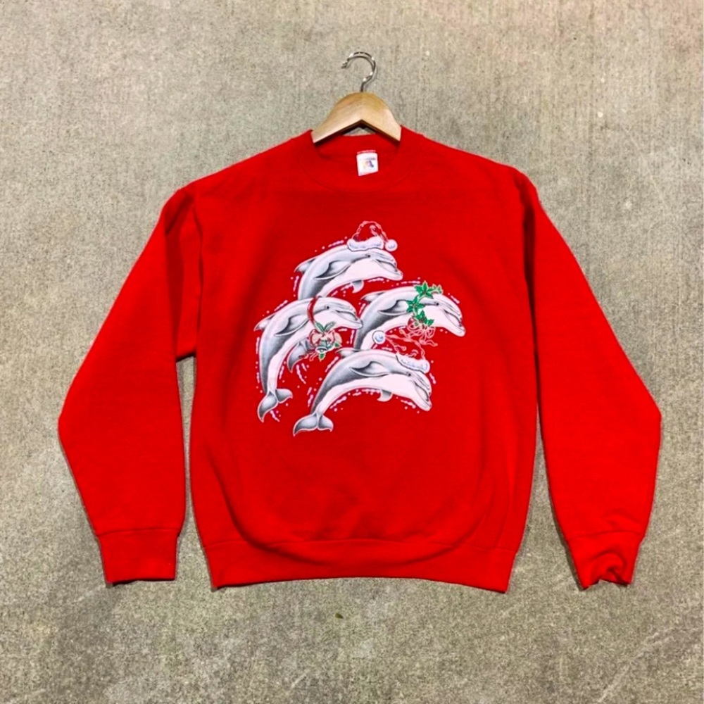 Vintage 1990’s Christmas Crewneck Holiday Dolphins Long Sleeve Red Size Large